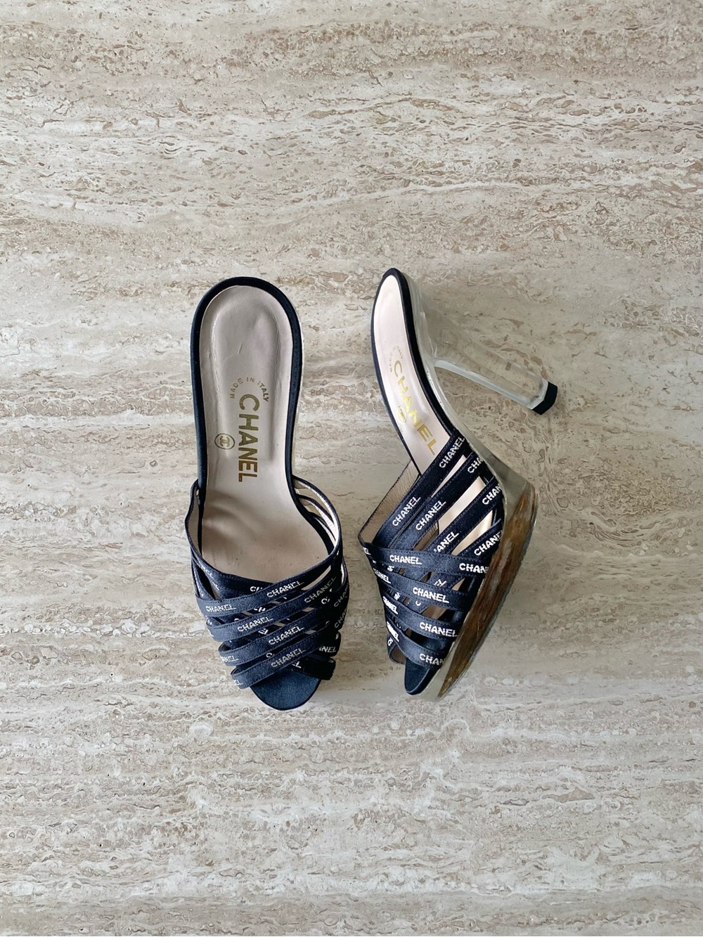 Vintage Chanel Logo Satin Clear Heel Sandals